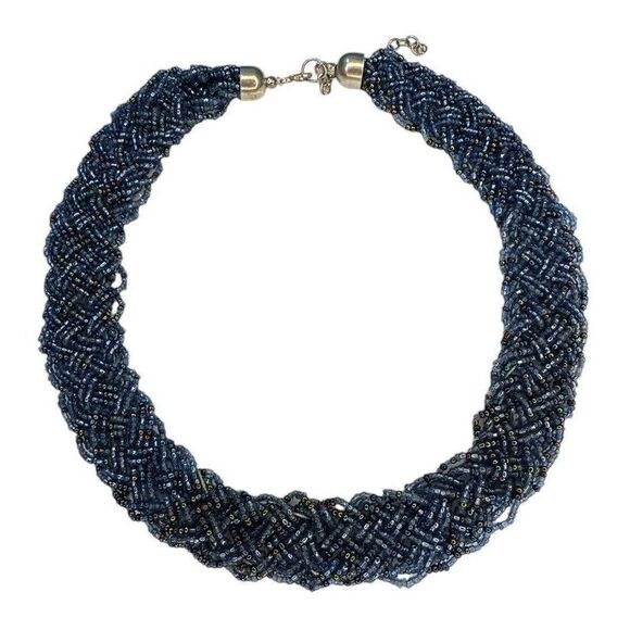 BRAIDED MULTI-STRAND BLUE SEED BEAD CHOKER NECKLACE - COSTUME JEWELRY VTG 1980's - Picture 4 of 5